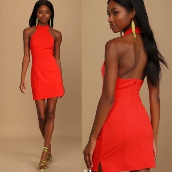 Lulu’s Mini Halter Bodycon Dress Red Orange Large - Picture 1 of 12